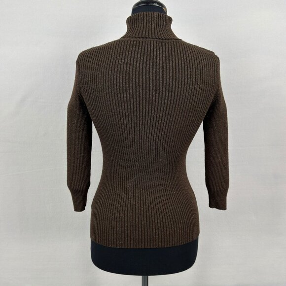 Reitmans Small Brown Metallic Lurex Ribbed Knit Mock Neck Long Sleeve Sweater - Picture 3 of 8